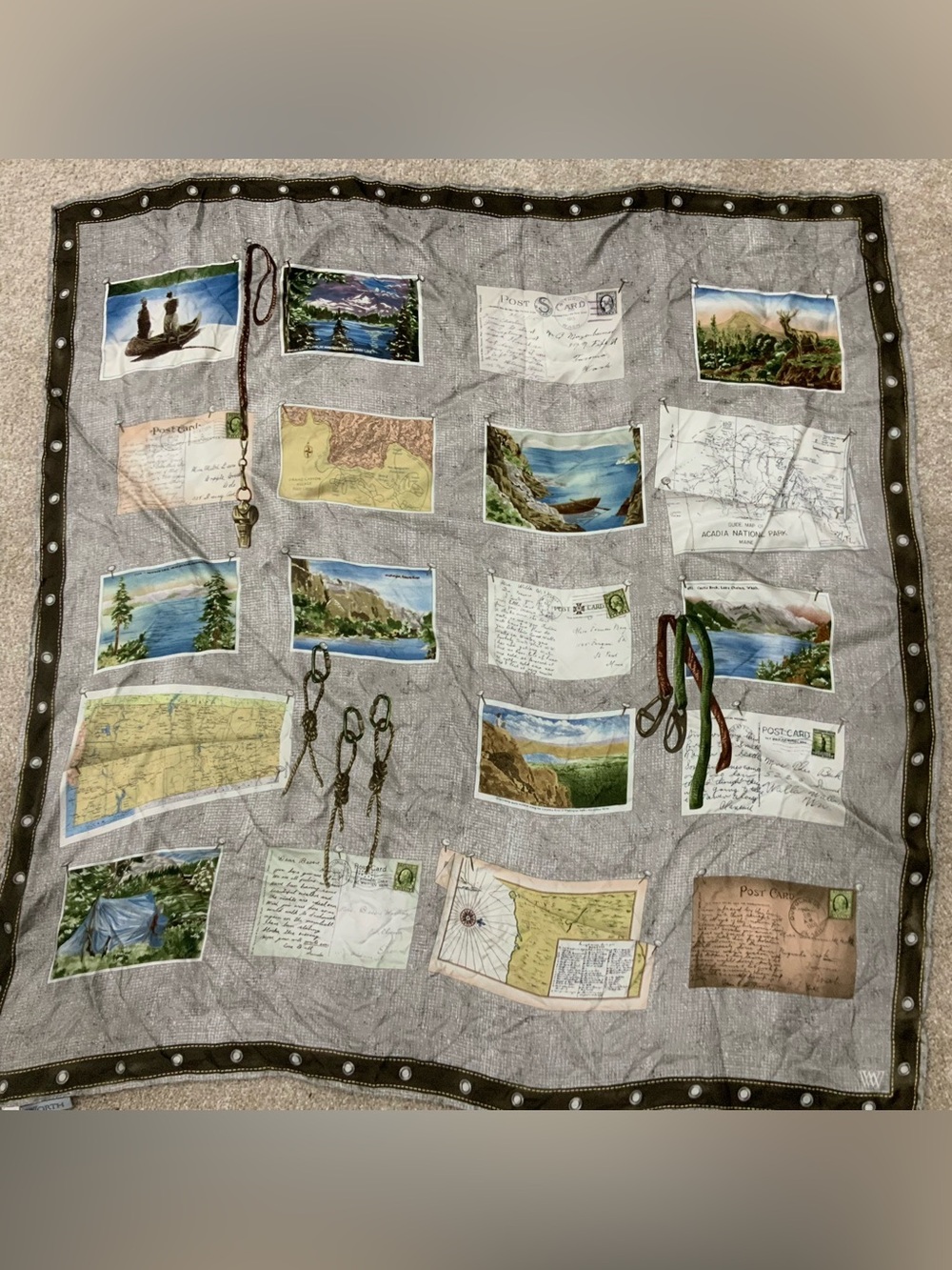 100% Silk Postcard & Map Print Scarf in Neutral Taupe ~Large